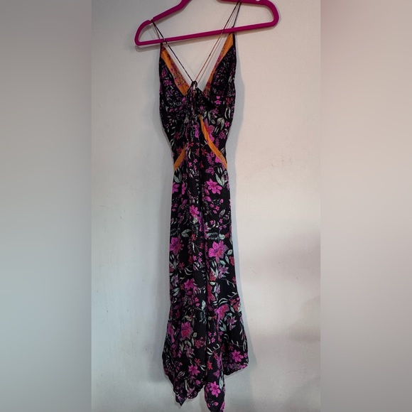 Free People Black Floral Asymmetrical Midi Dress Open Back Strappy Boho Size S - Picture 5 of 5